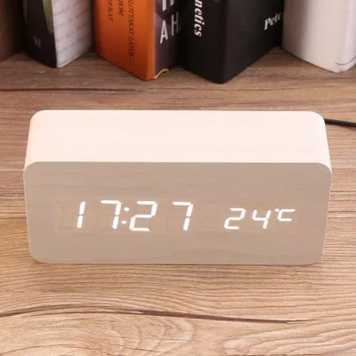 Zdjęcie produktu dla Zegarek LED z drewnianą obudową - Cyfrowy zegarek z wskaźnikiem temperatury