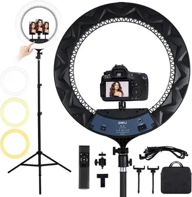 Productafbeelding van SnelShoppen - 21 inch LED-ringlamp met statief, 72 W, dimbaar, 6000 K, make-up licht, selfie verlichting, aanraakpaneel, telefoonhouders, vlog, video-