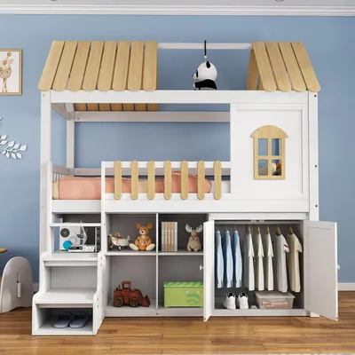 Produktbild von Flieks Etagenbett 90x200cm mit Kleiderschrank, Kinderbett Hausbett mit Regal, Hochbett mit Treppe, Stockbett Holzbett mit Lattenrost, Weiß