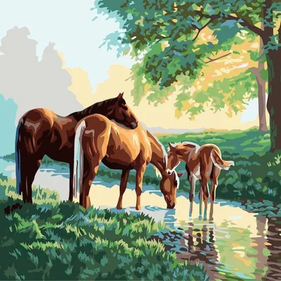 Obrázok produktu pre Obraz podľa čísel, "Rodina koní pri potoku", 40x50 cm, s rámom, kreatívna sada