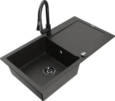 Produktbild von Mexen Leo 1 Becken-Granitspüle mit Abtropffläche und Mischbatterie Elia, Schwarz/Gold metallisch - 6501-75-670101-70-B