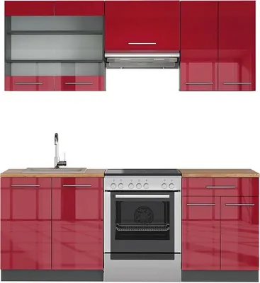 Produktbild von Küchenzeile Vicco Fame-Line Bordeaux Hochglanz/Anthrazit 200 cm , AP Eiche, Model 42605