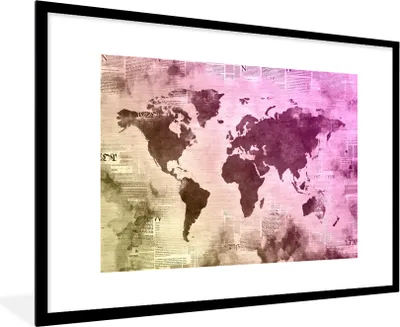 Produktbild von MuchoWow® MuchoWow® Gerahmtes Poster Weltkarte - Gelb - Lila 90x60 cm - Poster mit zchwarzem Bilderrahmen - Wanddekoration - Fotos