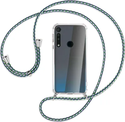 Produktbild von Handykette Backcover-Schutzhülle mit Band (Metall silberfarben) für Motorola One Macro - grün/blau/weiß