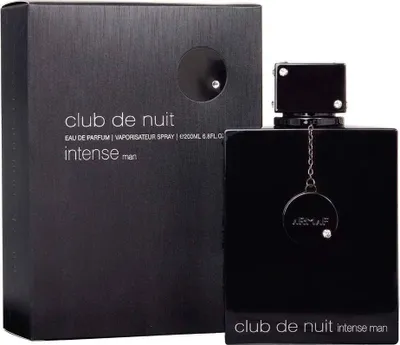 A black perfume bottle and its packaging are displayed against a white background.