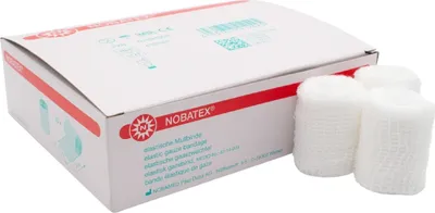 A box of Nobatex elastic gauze bandages with three rolls of bandages visible.