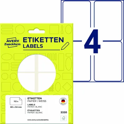 Produktbild von Avery Zweckform 3330, Vielzweck-Etiketten, 80 x 54 mm, 112 Etiketten / 28 Bögen, Weiß