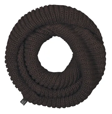 A dark brown knitted loop scarf is shown coiled on a white background.