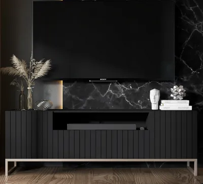 Obrázek produktu pro TV skříňka Glamour TV skříňka Elpis 2 třídveřová Moderní Nábytek Lindner 150cm x 51,5cm x 36,5cm Barva: černá matná Rám: Zlatý - kovový