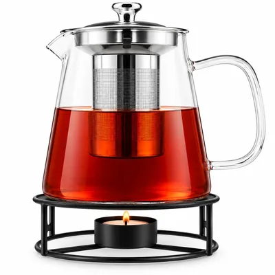 Produktbild von Teekanne 1,2L mit Edelstahl Sieb und Stövchen Teebereiter Glaskanne Teeset Kanne