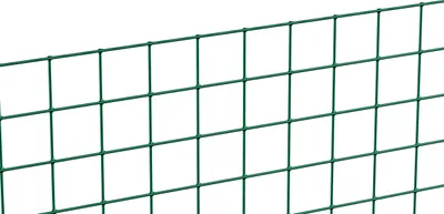 A close-up view of green wire mesh fencing against a white background.