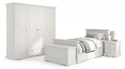 Produktbild von Schlafzimmer-Set Belluno Elegante 5-teilig 90x200cm Massivholz Ausführung wählbar Kiefer weiß lackiert,Kleiderschrank ohne Spiegel