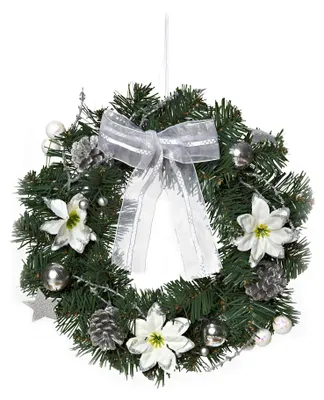 Produktbild von Weihnachtskranz - Türkranz - Wandkranz - verzierter Kranz aus Tannenzweigen - grün, weiß, silber - 32 x 32 x 10 cm