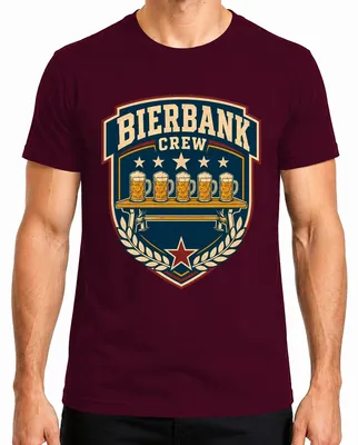 Imagen del producto de Camiseta para hombres, estilo "Oktoberfest", con motivos de "Bierbank Crew", ideal para despedidas de soltero, disponible en color burdeos, talla L. También incluye pantalones de cuero ("Lederhose")