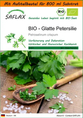 Produktbild von SAFLAX - Garden in the Bag - BIO - Glatte Petersilie - 600 Samen - Mit Anzuchtsubstrat im praktischen, selbst aufstellenden Beutel - Petroselinum crispum