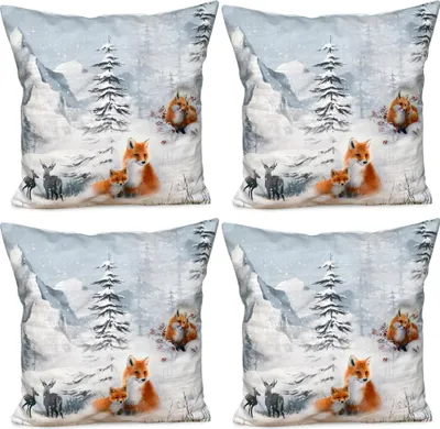 Produktbild von 4er Set Kissenhüllen 40x40 cm Winterwald mit Fuchs, Hirsch als Deko