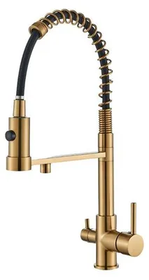 Produktbild von 3-Wege Küchenarmatur Solid Spring mit Wasserfilter-Anschluss, herausziehbare Brause, 360° schwenkbar, getrennte Wasserwege, Keramikkartusche Gold