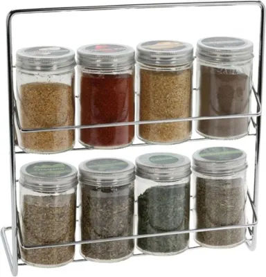 Zdjęcie produktu dla Zestaw 8 pojemników do przechowywania przypraw ze stojakiem Excellent Houseware, szkło/metal, 23x24 cm, przezroczysty/srebrny