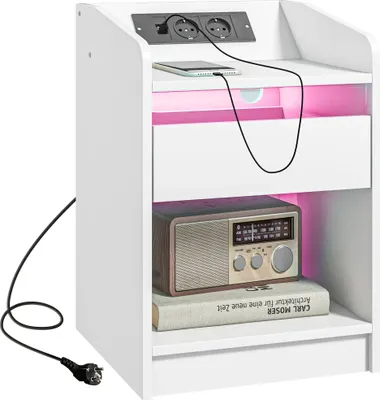 Image de Table de nuit - Chevet - Eclairage LED - Tiroir - Rangement - Station de charge avec prises USB - Télécommande - 40x40x58 cm - Blanc