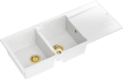 Produktbild von QUADRON Spülbecken 2-Becken Spüle | Größe: 116 x 50 x 21 cm | EVAN 121 | Küchenspüle Granitspüle aus GraniteQ mit Siphon | Weiß & Golden