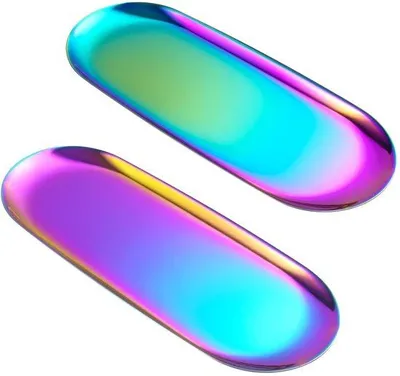 Image de Ibenzoa® : Assiettes décoratives ovales en acier inoxydable (lot de 2) – couleurs arc-en-ciel, polies miroir, 30 x 12 cm, épaisseur 1,1 mm – pour le rangement et la décoration