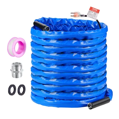 A coiled blue heated water hose with accessories laid out next to it, on a white background.
