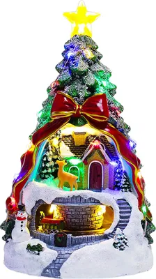 Produktbild von Beleuchtete Weihnachtsbaum-Dorffigur mit drehender Weihnachtsmann-Eisenbahn, die 8 Weihnachtslieder spielt – handbemalte Winterlandschaft – Geschenk für Freunde