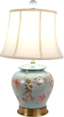 Produktbild von Fine Asianliving Chinesische Tischlampe Porzellan Türkis Handbemalte Blüten D35xH63cm