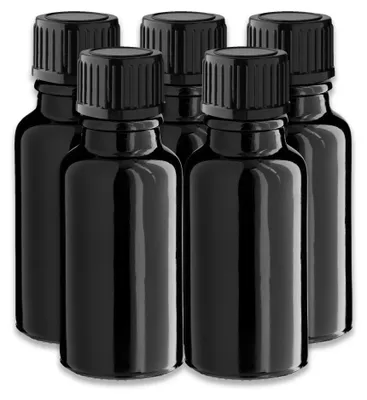 Produktbild von 5x Glasflasche schwarz 20 ml mit schwarzem PP Schraubverschluss Kappe