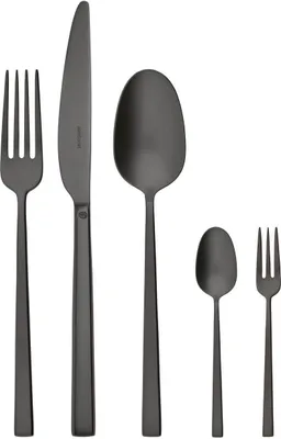 A set of five black cutlery pieces arranged in a line against a white background.