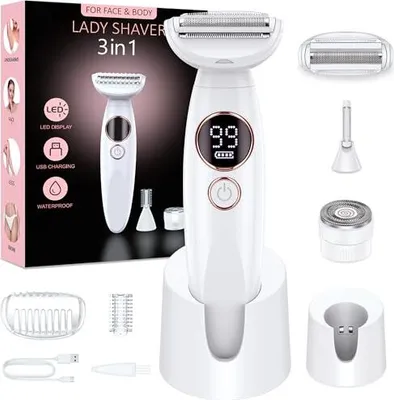 Produktbild von Frauenrasierer, 3-in-1 intime Rasierer Frauen, Gesichtshaarentferner elektrischer Nass trockener IPX7 wasserdichtes Trimmer Bikini-Gebiet, Achselhöhle