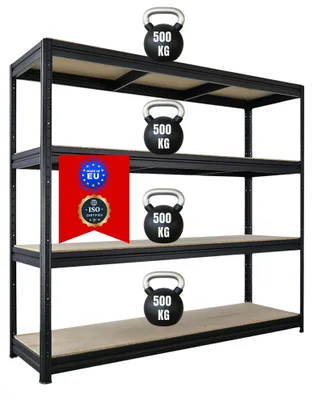Produktbild von Schwerlastregal DINO | HxBxT 180x200x60cm | 4 Spanplatten-Ebenen 16mm | Fachlast 500kg | Schwarz