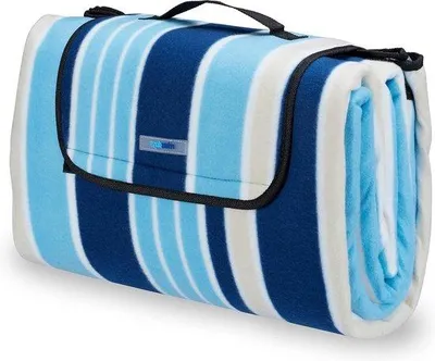 Produktbild von Famanu Picknickdecke XXL 200 x 200 cm - Fleece Stranddecke mit Isolierung und Tragegriff Blau Weiß