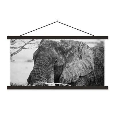 Produktbild von MuchoWow® Textilposter Elefant - Tiere - Äste - Natur - Schwarz und weiß 60x30 cm mit schwarzem Rahmen - Textilien