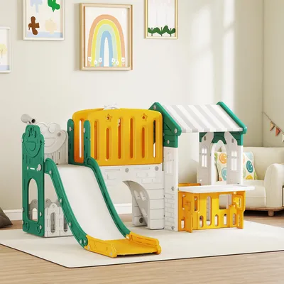 Produktbild von Kinderrutsche 7-in-1 Indoor-Spielplatz, Klettergerüst Spielhaus Tafel Basketballkorb, Kunststoff Gelb-Grün | 189 x 180 x 111 cm | 1–4 Jahre
