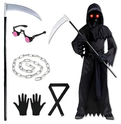 Sensenmann-Kostüm für Kinder, 7-teilig, schwarz, Halloween