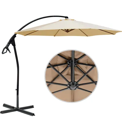 A cantilever umbrella with a beige canopy and black stand, shown with a close-up view of the internal mechanism.