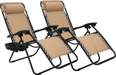 Zdjęcie produktu dla zestaw 2 składanych leżaków z zerową grawitacją - Fotel relaksacyjny - Regulowany - Z poduszką i uchwytem na kubek - 110x65x90 cm - Do ogrodu, na plażę, na kemping - Beżowy