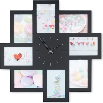 A black photo frame collage clock with multiple picture frames arranged around a central clock face.