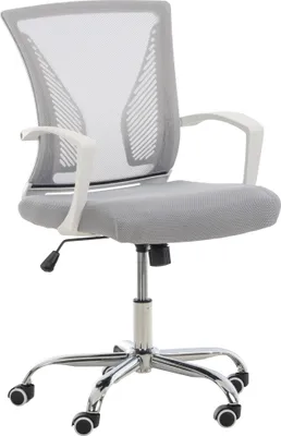 A gray mesh office chair with white armrests and a chrome base with wheels, isolated on a white background.