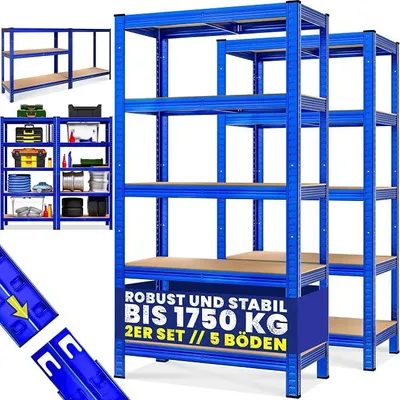 Produktbild von 2X Schwerlastregal 180x90x40cm blau 1750kg 10 MDF-Platten Montagematerial Kellerregal Lagerregal Steckregal Metallregal Werkstattregal