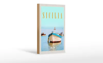 Produktbild von Holzschild Reise 12x18cm Sizilien Italien Boot Ufer Strand Meer