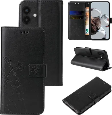 Produktbild von Handyhülle für Samsung Galaxy A04 Floral Blumen Schmetterling Flip Cover Hülle Case Klapphülle Handytasche Farbe: Schwarz