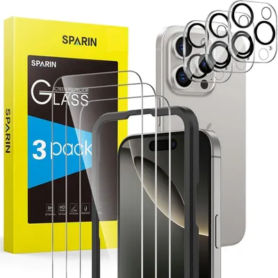 Obrázek produktu pro Ochranné sklo na displej pro iPhone 16 Pro (6,3 palce), sada 3+3 kusů: ochranná fólie a ochrana fotoaparátu, tvrdost 9H, odolné proti poškrábání, vysoká kvalita obrazu (HD)