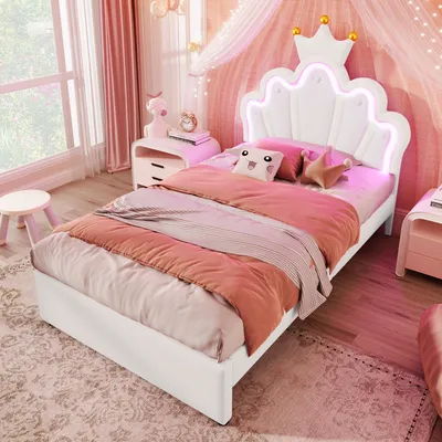 A child's bedroom with a princess-themed bed.