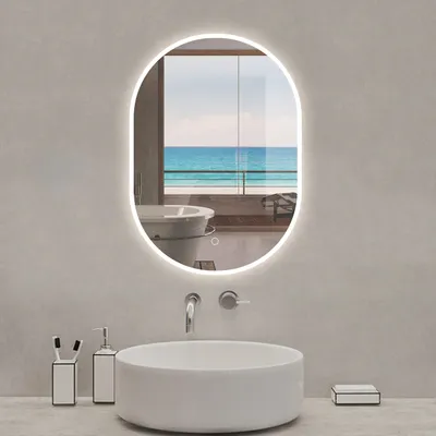 Image de Miroir de salle de bain ovale 45x80cm, mémoire + dimmable + anti-buée, IP44, 6000K blanc froid