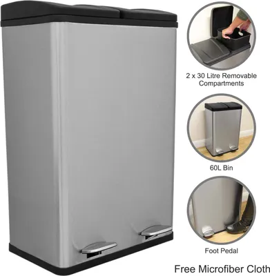 Produktbild von Doppel Tretmülleimer Edelstahl 60 L Mülltrennsystem Mülleimer Papierkorb Abfalleimer Recycling 2 Fächer herausnehmbar Pedal Bin Silber