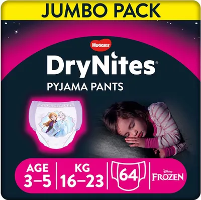 Productafbeelding van Huggies DryNites inleggers voor meisjes, 4-7 jaar, 17-30 kg, Jumbo, maandverpakking, 64 stuks.