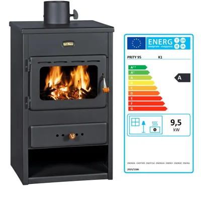 A wood-burning stove and its energy efficiency label.