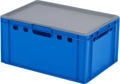Produktbild von E3-Kisten 600 x 400 x 300 mit Deckel in verschiedenen Farben Farbe: blau mit grauem Deckel
